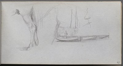 Schetsboek, pagina 43: Studies: Paardenbeen, figuur in een boot en profiel door Ernest Meissonier