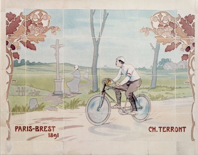Charles Terront in de eerste langeafstandswedstrijd in 1891, tussen Parijs en Brest door Ernest Montaut