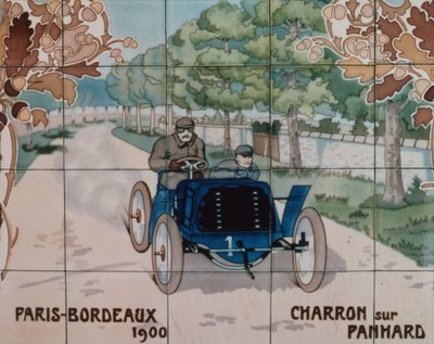 Charron rijdt in een Panhard auto in de Parijs naar Bordeaux race van 1900: keramische tegels vervaardigd door Gilardoni Fils et Cie van Parijs, naar een tekening van Ernest Montaut (1878-1909) door Ernest Montaut