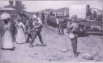 Britse soldaten helpen Boerenvluchtelingen, illustratie uit Na Pretoria: De Guerrillaoorlog, 1902 door Ernest Prater