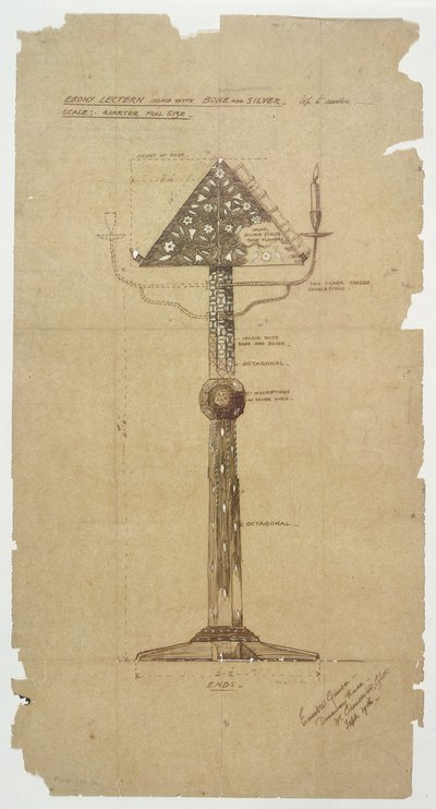 Ontwerp voor Lessenaars in Ebbenhout ingelegd met Bot & Zilver voor St. Andrews Kerk, Roker 1906 door Ernest William Gimson