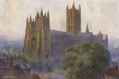Canterbury kathedraal vanaf Christ Church Gate (kleur litho) door Ernest William Haslehust