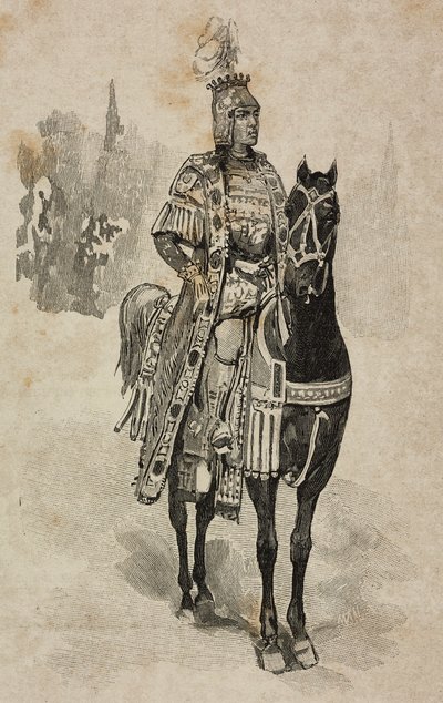 Hertog van Aosta Emanuele Filiberto van Savoye in kostuum van Umberto Biancamano bij Villa Borghese toernooi ter gelegenheid van zilveren huwelijk van Umberto I en Margherita van Savoye, Rome, Italië door Ernesto Mancastroppa