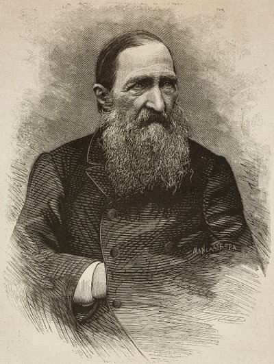 Dichter Jozef Ignacy Kraszewski (1812-1887) in Genève op 19 maart, gravure door Ernesto Mancastroppa van foto door Romarolo, uit L