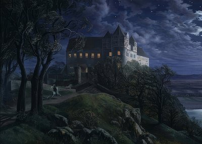 Kasteel Scharfenberg bij nacht door Ernst Ferdinand Oehme