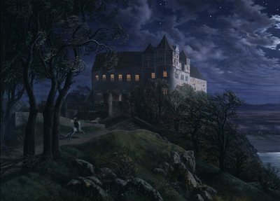 Kasteel Scharfenberg bij nacht, 1827 door Ernst Ferdinand Oehme