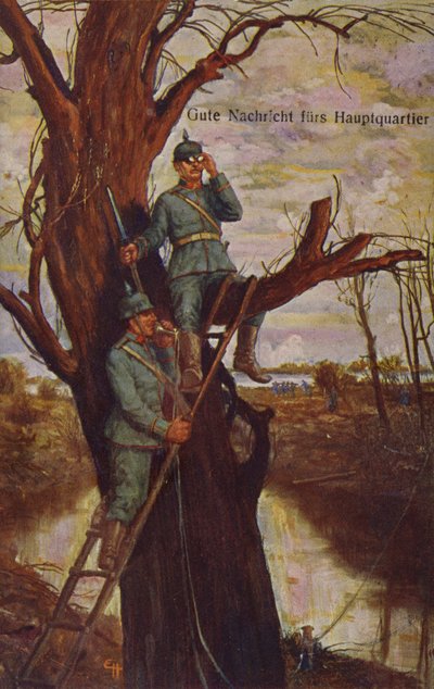 Goed nieuws voor het hoofdkwartier, Duitse soldaten observeren het slagveld en rapporteren aan het hoofdkwartier via een veldtelefoon, Eerste Wereldoorlog, 1915 door Ernst Heilemann