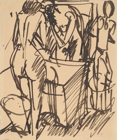 Naakt met een spiegel, staand voor een wastafel door Ernst Ludwig Kirchner