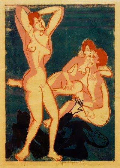 Drie naakten en liggende man door Ernst Ludwig Kirchner