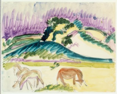 Drie grazende herten en een koe in Fehmarn door Ernst Ludwig Kirchner