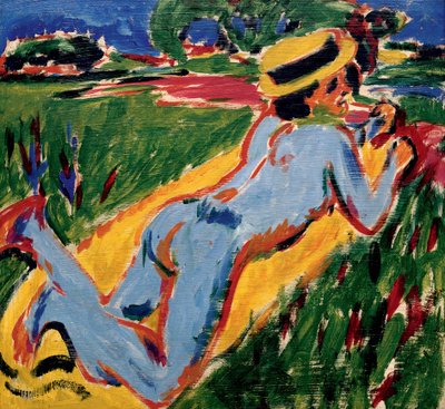 Blauwe naakt liggend met strohoed door Ernst Ludwig Kirchner