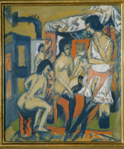 Naakten in atelier (olieverf op doek) door Ernst Ludwig Kirchner