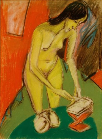 Staande vrouwelijke naakt aan tafel door Ernst Ludwig Kirchner