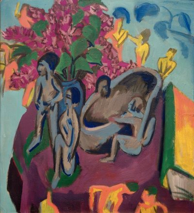 Stilleven met plastieken en bloemen door Ernst Ludwig Kirchner