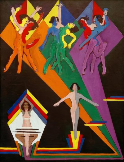 Dansende meisjes in gekleurde stralen door Ernst Ludwig Kirchner