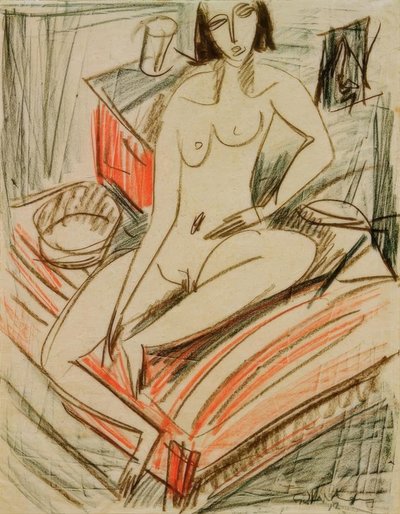 Vrouwelijk naakt, zittend op bed door Ernst Ludwig Kirchner