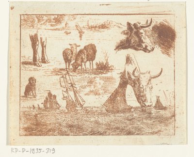 Studieblad met een zeegezicht, twee koeienkoppen, schapen, een hond en twee poten door Ernst Willem Jan Bagelaar