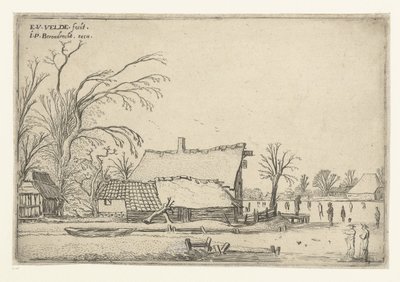 Boerderij bij bevroren rivier met schaatsers door Esaias van de Velde
