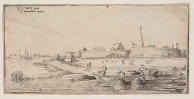 Vissers in roeiboten voor een ommuurde stad, uit Landschappen door Esaias van de Velde