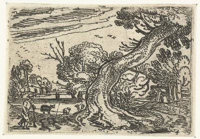 Herder bij een schuin overhangende boom door Esaias van de Velde