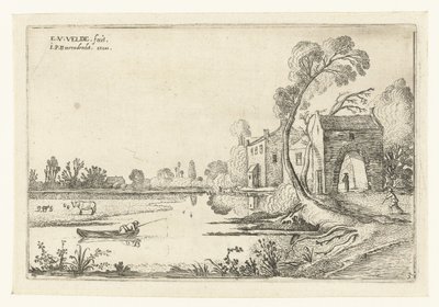 Landschap met een rivier en poortgebouw door Esaias van de Velde