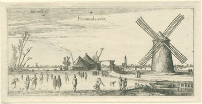 Schaatsers op het ijs bij een molen in de buurt van Penningsveer door Esaias van de Velde