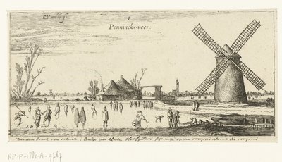 Schaatsers op het ijs bij een molen in de buurt van Penningsveer door Esaias van de Velde