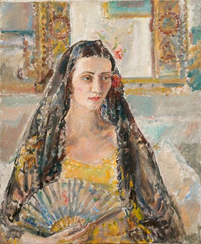 Dame met waaier, exh. 1926 (olieverf op doek) door Ethel Walker