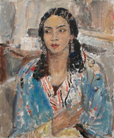 De blauwe jas (olieverf op doek) door Ethel Walker