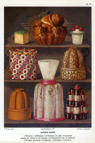 Cakes variëren: brioche, gebrek, timpani van amandelpasta bedekt met room en aardbeien, croquenbouche van genoise, Parijse nougat, biscuit, sultane, Breton - Plaat nr. 2 uit het Patisserie Boek van Jules Gouffe, officier de bouche du Jockey-Club de Paris door Etienne (after) Ronjat