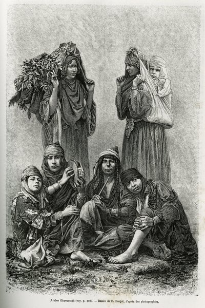 Arabs Ghawarineh, nomaden uit het Dode Zee-bekken. Gravure ter illustratie van het verhaal van het huidige Syrië door M. Lortet, decaan van de Faculteit Geneeskunde van Lyon, gepubliceerd in de Tour du monde door Etienne Antoine Eugene Ronjat