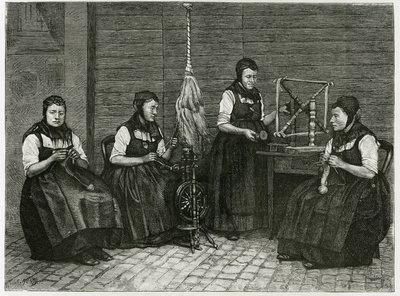Sondernach verspreiders, beschrijving van de verschillende stadia van het spinnen, hand, spil en spil. Gravure door E. Ronjat, ter illustratie van het verhaal 