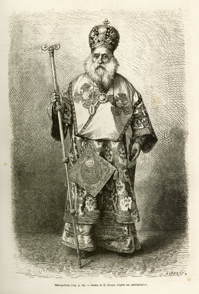 De metropoliet van de nieuwe kathedraal van Athene. Gravure naar de tekening van E. Ronjat, ter illustratie van de reis naar Griekenland, door Henri Belle, in 1861-1868-1874, gepubliceerd in 