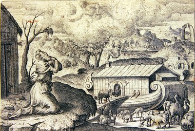 Noach die Gods instructies opvolgt om de ark te vullen door Etienne Delaune