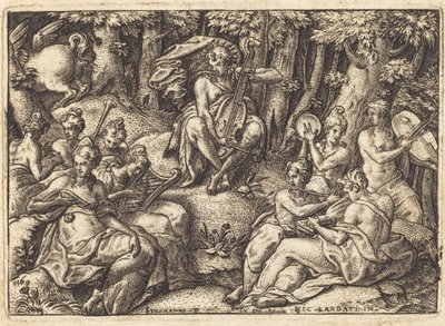 Apollo op de berg Parnassus door Etienne Delaune after Niccolò dell