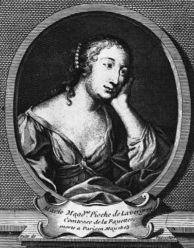 Medailonportret van Marie-Madeleine Pioche de La Vergne, gravin de La Fayette, Franse romanschrijfster, gravure door Etienne Jehandier Desrochers door Etienne Jehandier Desrochers