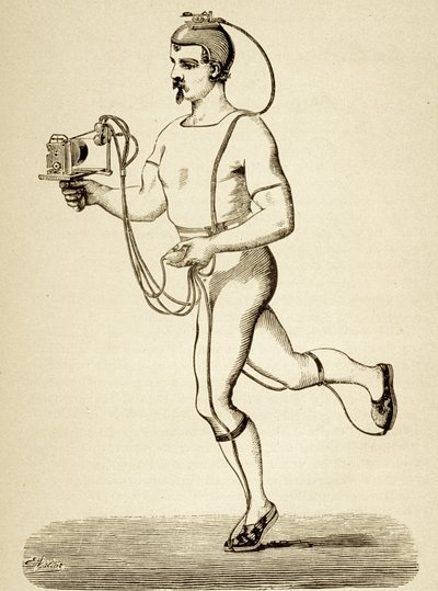 Loper voorzien van het apparaat bedoeld om zijn verschillende passen te registreren, uit de Popular Science Monthly, gepubliceerd 1875 door Etienne Jules Marey