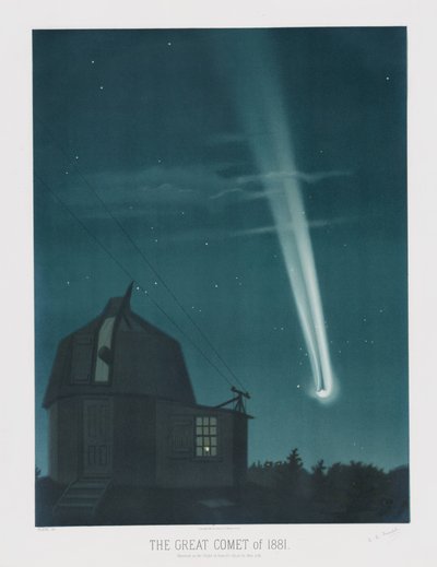 De Grote Komeet van 1881, waargenomen in de nacht van 25-26 juni, om 1u30, uit The Trouvelot Astronomical Drawings 1881, uitgegeven 1881 door Étienne Léopold Trouvelot