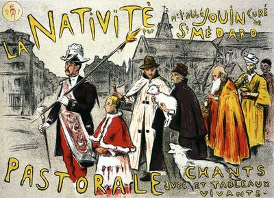 Reproductie van een poster die een kerststal met liederen en levende beelden adverteert door Etienne Moreau Nelaton