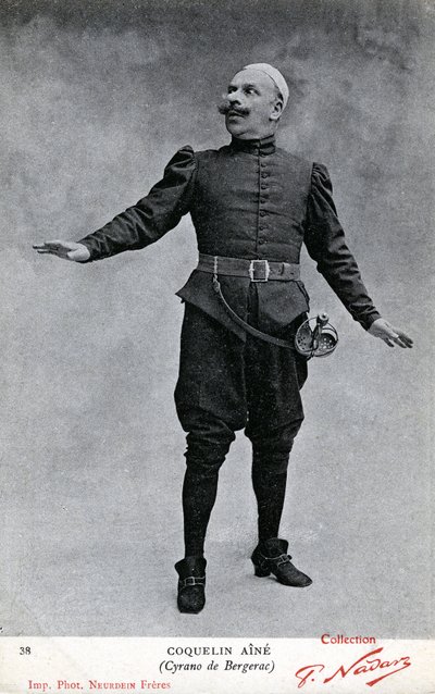 Constant Coquelin alias Coquelin aîné (1841 - 1909) in het kostuum van Cyrano de Bergerac (zw/w foto) door Etienne Neurdein