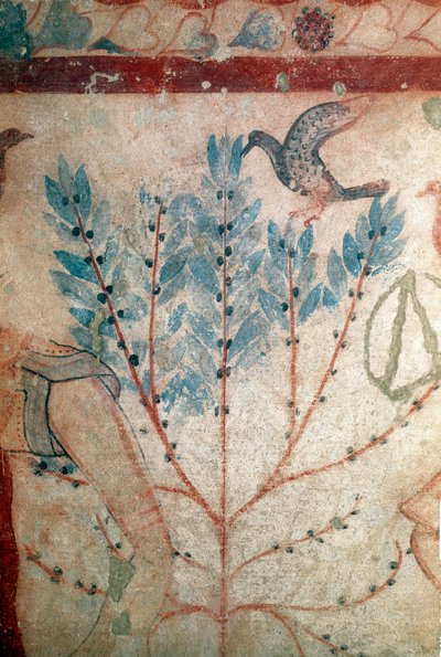Een vogel zittend op een kleine boom (fresco, detail, 530 v.Chr.) door Etruscan