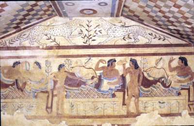 Etruskisch graf van luipaarden, fresco met banketscène, Tarquinia. 5e eeuw v.Chr., Italië door Etruscan