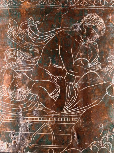 Etruskische kunst: detail van de bronzen Ficoroni Cistus die de legende van de Argonauten voorstelt: het schip van Argos. Uit Preneste (Palestrina). 340 v.Chr. Museo Nazionale di Villa Giulia, Rome door Etruscan