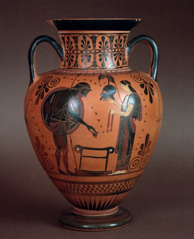 Etruskische beschaving: terracotta hydria die Thetis toont die wapens overhandigt aan zijn zoon Achilles, 550-500 v.Chr. Uit Cerveteri, Italië door Etruscan