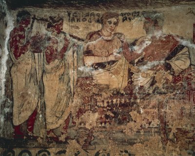 Fresco met afbeelding van begrafenisbanket van Velthur Velcha met vrouw Ravnthu Aprthnei vermaakt door twee muzikanten door Etruscan