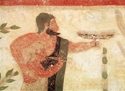 Hoofd van een man en kind die een dubbele fluit bespelen, uit het graf van de Baron, c.500 v.Chr. muurschildering (detail) door Etruscan