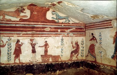 De overledene zittend op een krukje woont een voorstelling bij met jongleurs en dansers (fresco, detail, 530 v.Chr.) door Etruscan