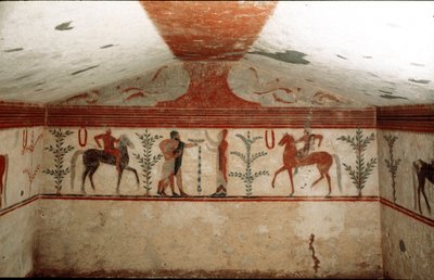 Twee ruiters, een vrouw en een bebaarde man die een beker presenteren (detail) door Etruscan