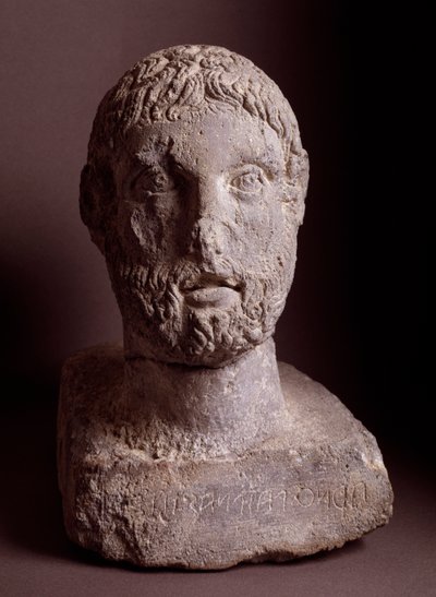 Hoofd van Arnth Paipnas, kalkstenen beeldhouwwerk, 3e eeuw v.Chr. door Etruscan Etruscan