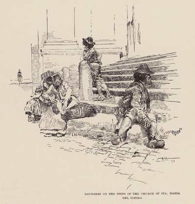 Loungers op de trappen van de Kerk van Santa Maria del Popolo (gravure) door Ettore Tito